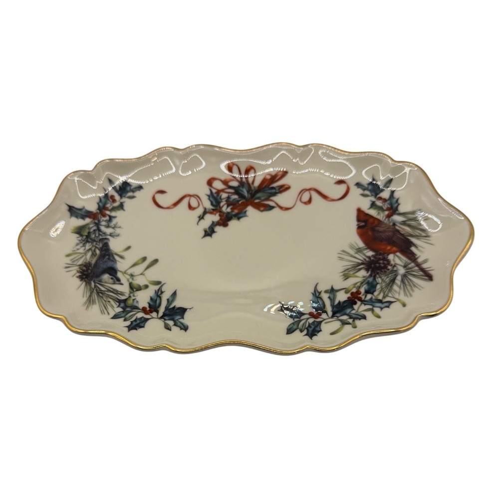 Lenox Winter Greetings Tray Cardinal Bird Bone China Gold Trim VTG NWT USA
